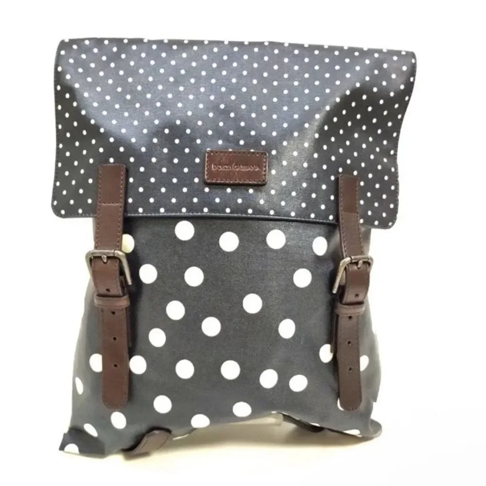 NWT Dolce & Gabbana Black & White Polka Dot Brown Leather Trim Backpack Napsack